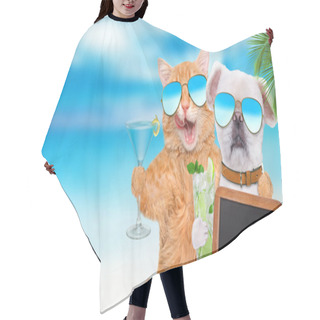 Personality  Cat And Dog Wearing Sunglasses Relaxing In The Sea Background.  Hair Cutting Cape
