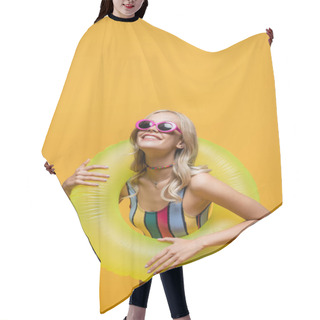 Personality  Joyful Young Woman In Sunglasses And Swimsuit Holding Inflatable Ring Isolated On Yellow Hair Cutting Cape