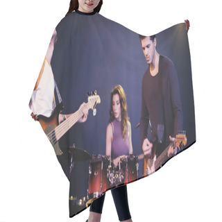 Personality  Young Rock Band Performing Together On Stage  Hair Cutting Cape
