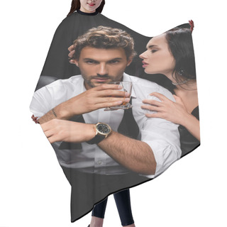 Personality  Passionate Woman Seducing Man Holding Glass Of Whiskey Isolated On Black Hair Cutting Cape