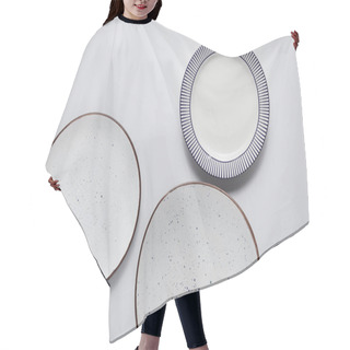 Personality  Top View Of Three Different Ceramic Plates On White Table, Minimalistic Concept Hair Cutting Cape