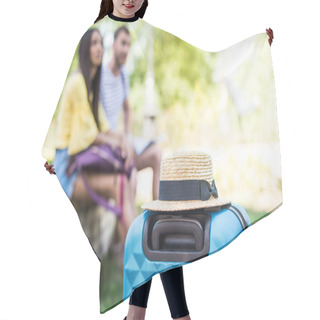 Personality  Suitcase And Straw Hat In Park Hair Cutting Cape