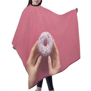 Personality  Cropped View Of Woman Holding Sweet Donut On Ruby Background  Hair Cutting Cape