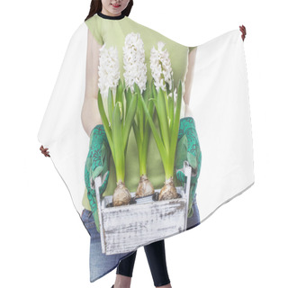 Personality  Young Woman Holding Wooden Box With Hyacinth Flowers Isolated On Hair Cutting Cape