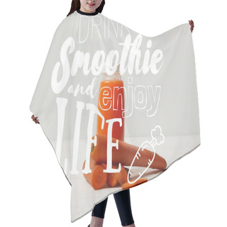 Personality  Bottle Of Detox Smoothie With Carrots On White Wooden Surface, Drink Smoothie And Enjoy Life Inscription Hair Cutting Cape