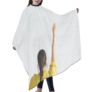 Personality  Back View Of Woman Voting With Hand In Air Against White Brick Wall Hair Cutting Cape