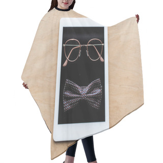 Personality  Top View Of Glasses And Tie Bow On Tablet Hair Cutting Cape