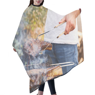 Personality  Cropped View Of Man With Tweezers Grilling Meat On Barbecue Grid  Hair Cutting Cape