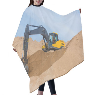 Personality  Yellow Heavy Excavator And Bulldozer Excavating Sand And Working During Road Works, Unloading Sand And Road Metal During Construction Of The New Road Hair Cutting Cape