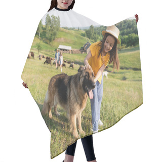 Personality  Girl In Straw Hat Cuddling Cattle Dog Near Parents Herding Livestock On Blurred Background Hair Cutting Cape