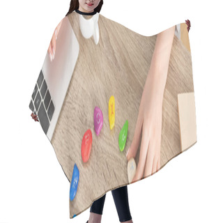 Personality  Cropped View Of Woman Holding Stone With Zodiac Sign And Using Laptop At Table, Panoramic Shot Hair Cutting Cape