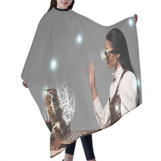 Personality  Steampunk Woman In Goggles Waving Hand During Video Chat With Glowing Digital Illustration Isolated On Grey Hair Cutting Cape