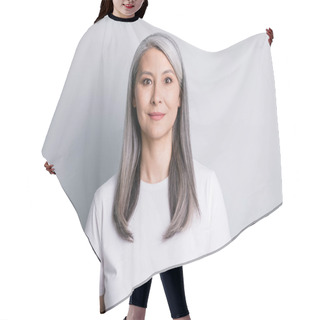 Personality  Photo Of Calm Pensioner Old Lady Look Camera Smile Wear White T-shirt Isolated Grey Color Background Hair Cutting Cape