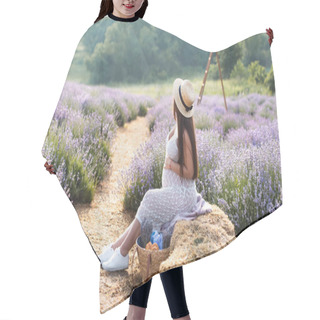 Personality  Side View Of Pregnant Woman Sitting On Hay Bale In Violet Lavender Field Hair Cutting Cape