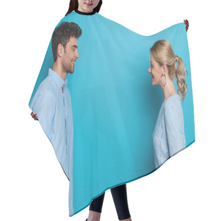 Personality  Side View Of Happy Man And Woman Smiling At Each Other On Blue Background Hair Cutting Cape