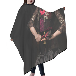 Personality  Cropped View Of Young Flamenco Dancer Holding Fan Isolated On Black  Hair Cutting Cape