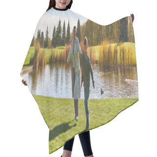 Personality  Playful, Happy African American Mother And Son Running On Grass Near Pond, Modern Parenting, Banner Hair Cutting Cape
