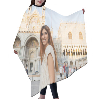 Personality  ITALY, VENICE - MAY 12, 2022: Happy Redhead Woman Looking At Camera On St Mark Square In Venice Hair Cutting Cape