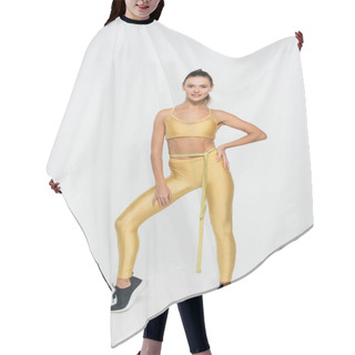 Personality  Weight Loss, Happy Sportswoman With Toned Body And Measuring Tape On Waist Smiling White Background Hair Cutting Cape