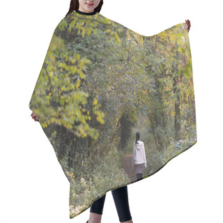 Personality  Young Woman Walking Alone In Temperate Climate Forest. Hair Cutting Cape