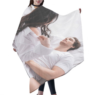 Personality  Brunette Woman Taking Off White Shirt While Seducing Blurred Man On Bed Hair Cutting Cape