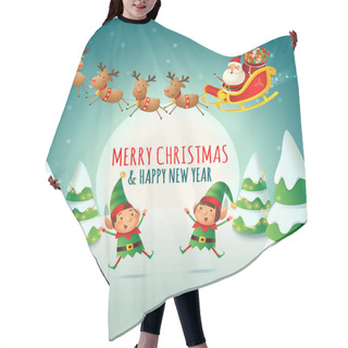 Personality  Merry Christmas And Happy New Year - Santa Claus Sleigh And Elves Celebrate Holidays - Winter Night Landscape Hair Cutting Cape