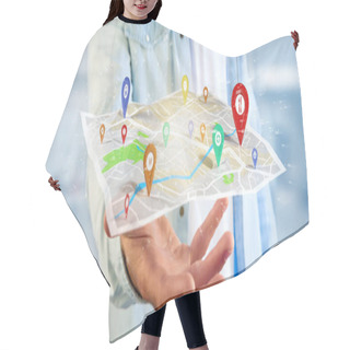 Personality  View Of A Man Holding A 3d Rendering Pin Holder On A Map Hair Cutting Cape