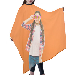 Personality  Look Well And Feel Beautiful. Adorable Girl With Fashionable Look On Orange Background. Little Child Having Geeky Look In Fancy Eyeglasses. Beauty Look Of Small Fashion Model Hair Cutting Cape