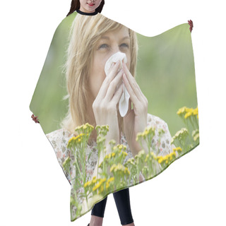 Personality  Woman Blowing Nose Into Tissue Outdoors Hair Cutting Cape