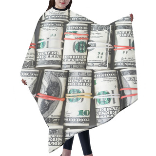 Personality  Top View Of Cash Rolls With Colorful Rubber Bands  Hair Cutting Cape