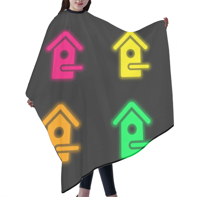 Personality  Bird House four color glowing neon vector icon hair cutting cape