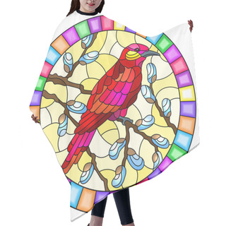 Personality  Illustration In Stained Glass Style With A Bright  Red Bird On Willow Branches ,oval Image In Bright Frame Hair Cutting Cape