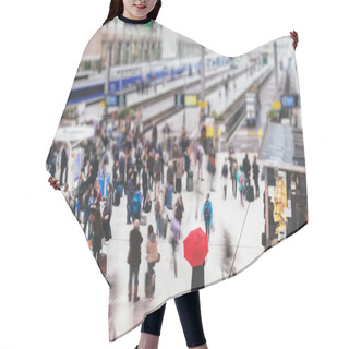 Personality  Woman With Red Umbrella Waiting At Train Station And Blurred People In Motion, Solitude Concept Hair Cutting Cape