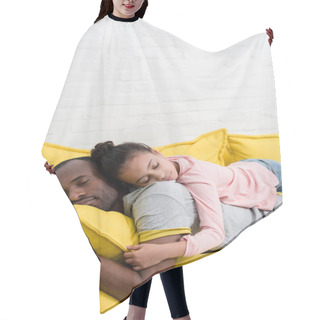 Personality  Father And Daughter Sleeping Together On Couch Hair Cutting Cape
