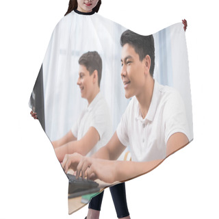 Personality  Young Happy Teenager Boys Studying On Computers Hair Cutting Cape