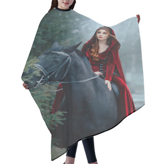 Personality  Medieval Woman Princess In Red Dress Sits Astride Black Steed Horse. Girl Rider In Vintage Cloak Cape Train Flies In Wind Motion. Background Green Trees Spruce Forest, Spring Winter Nature Melted Snow Hair Cutting Cape