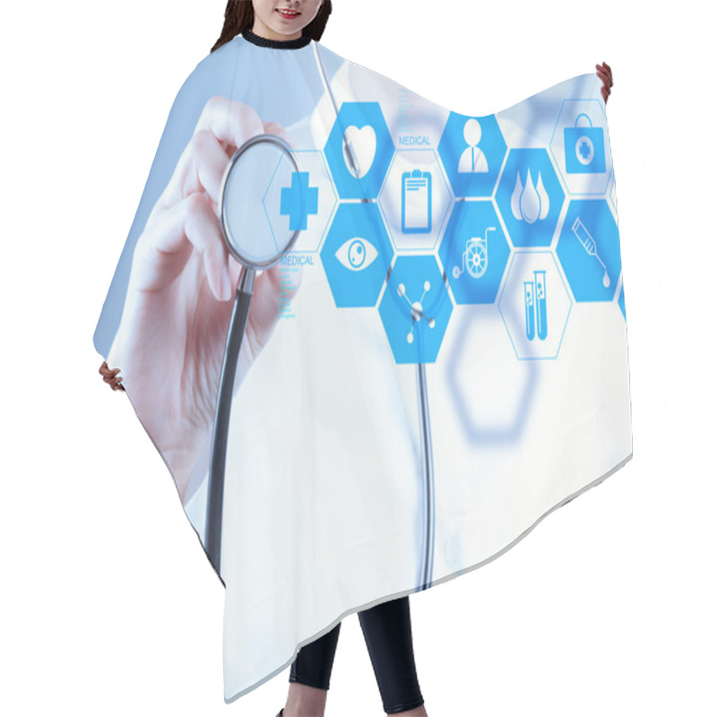 Personality  Medicine doctor hand working with modern computer interface hair cutting cape