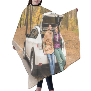 Personality  Smiling Couple Sitting In Car Trunk Hair Cutting Cape