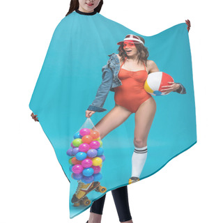 Personality  Full Length View Of Excited Girl In Swimsuit And Roller Skates Holding Beach Ball And Sting Bag With Colorful Balls On Blue Hair Cutting Cape