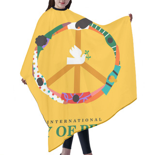 Personality  International Day Of Peace Vector Banner Illustration. People Group Hugging In A Circle Creating The Shape Of The Peace Symbol And White Dove With Olive Branch. Celebrated The Day Dedicated To The Ideals Of Peace, Respect, Non-violence And Ceasefire Hair Cutting Cape