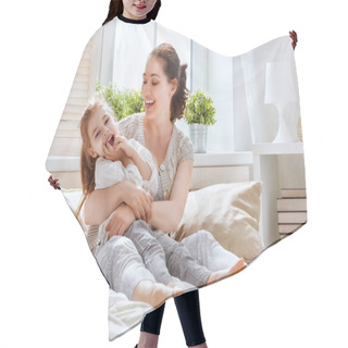 Personality  Happy Loving Family. Mother And Her Daughter Child Girl Playing And Hugging. Hair Cutting Cape