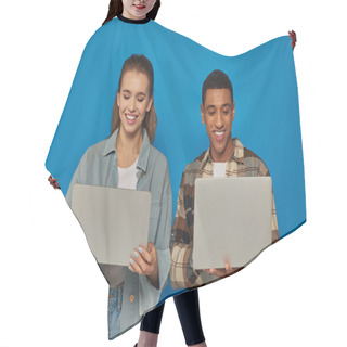 Personality  Happy Interracial Freelancers Using Laptops On Blue Backdrop, Diverse Cultures Man And Woman Hair Cutting Cape