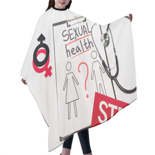 Personality  Top View Of Clipboard With Sexual Health Lettering, Drawn Man And Woman Near Stethoscope, Gender Signs And Std Isolated On White  Hair Cutting Cape