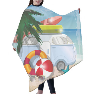 Personality  Summer Beach Vector Concept With Surfer And Retro Bus On The Beach Hair Cutting Cape
