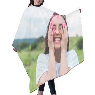 Personality  Happy Young Woman Standing With Closed Eyes And Covering Face With Hands  Hair Cutting Cape