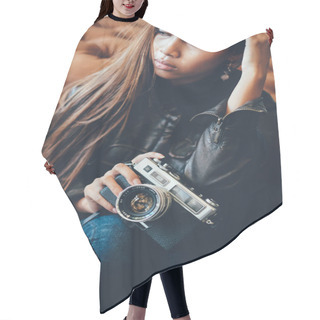 Personality  Beautiful Young Girl Holding Camera, Hipster Style Hair Cutting Cape