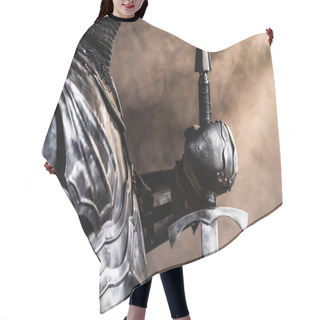 Personality  Cropped View Of Knight In Armor Holding Sword On Black Background Hair Cutting Cape