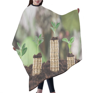 Personality  Selective Focus Of Arranged Golden Coins With Green Leaves And Soil, Financial Growth Concept Hair Cutting Cape