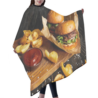 Personality  Tempting Fast Food Diner With Burgers And Potatoes With Sauce On Cutting Board Hair Cutting Cape