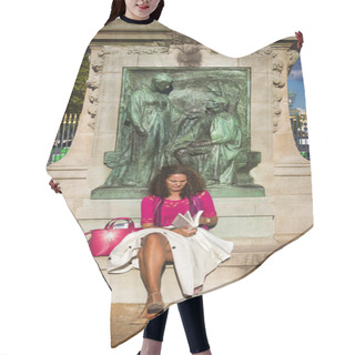 Personality  Paris, France - September 22, 2017: Mature Parisian In Mini Skirt With White Cloak On Her Knees (shapely Pair Of Legs) On Bench, Looking Through Book - Against Background Of 19th Century Alto-relievo Hair Cutting Cape